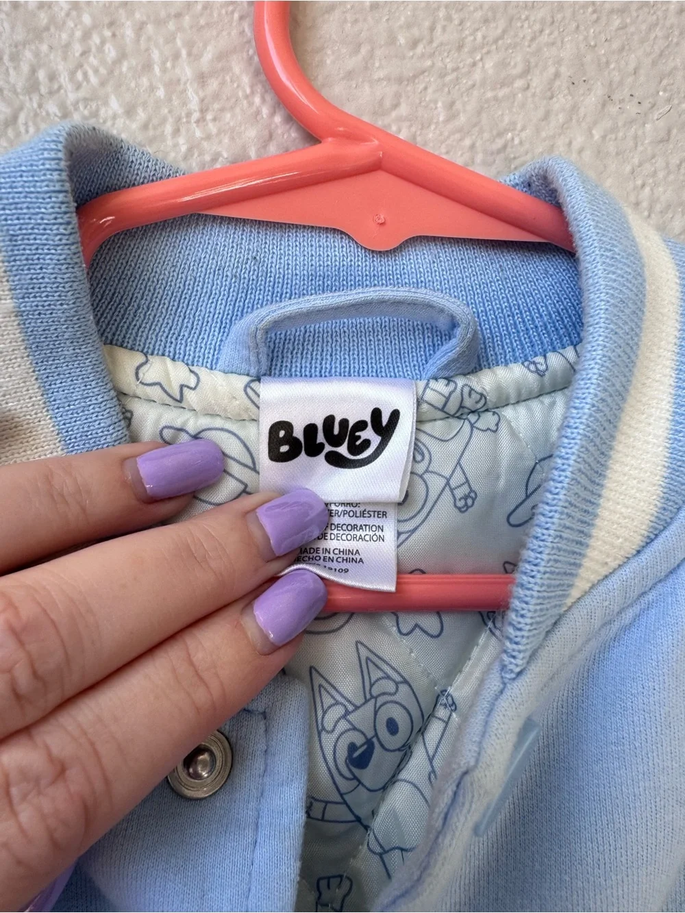 Bluey Toddler Varsity Jacket 4T Quilted Snap Front Blue & White Cartoon Coat